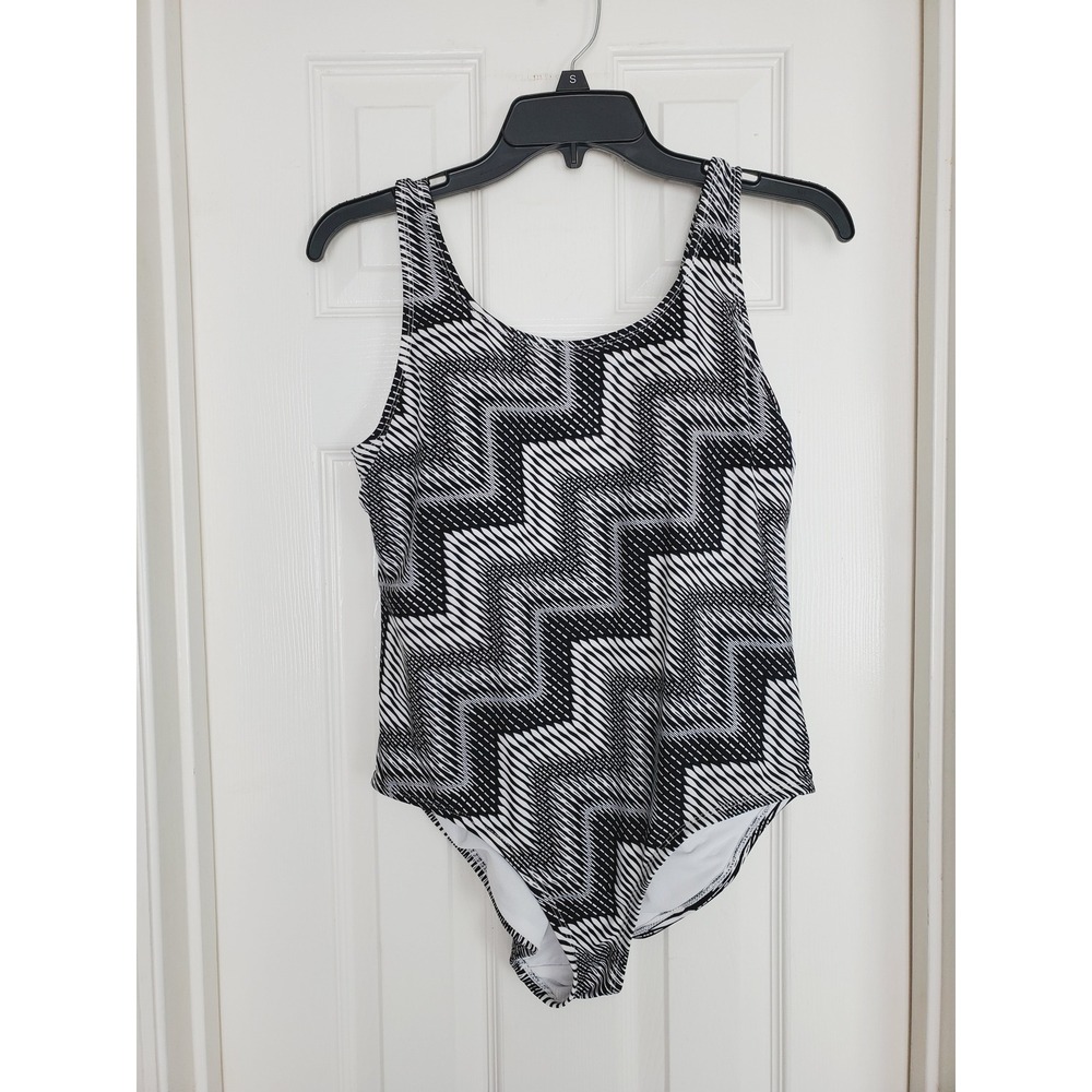 Catalina One Piece Swimsuit Black White Chevron Geometric Mod Beachwear Lg